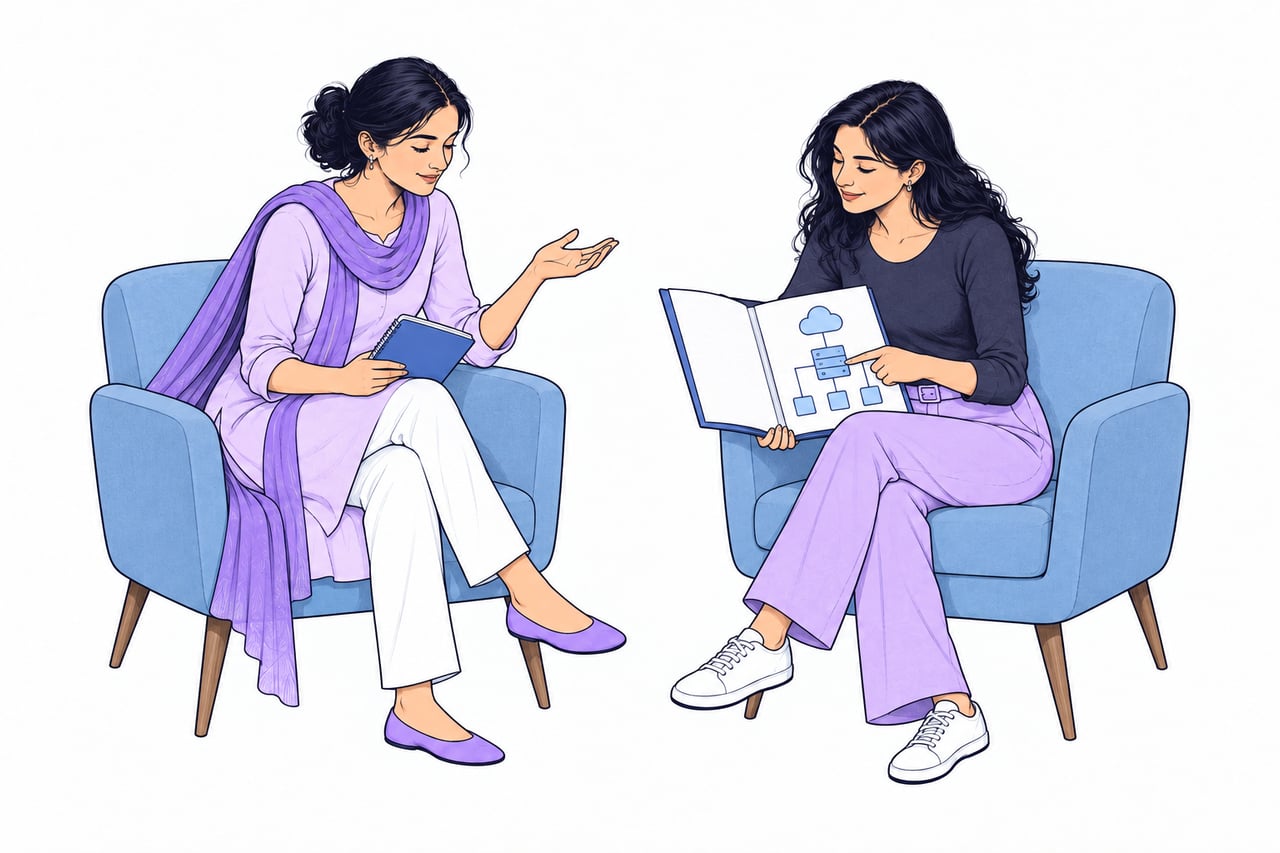 Illustration of two colleagues discussing a team structure diagram during onboarding.