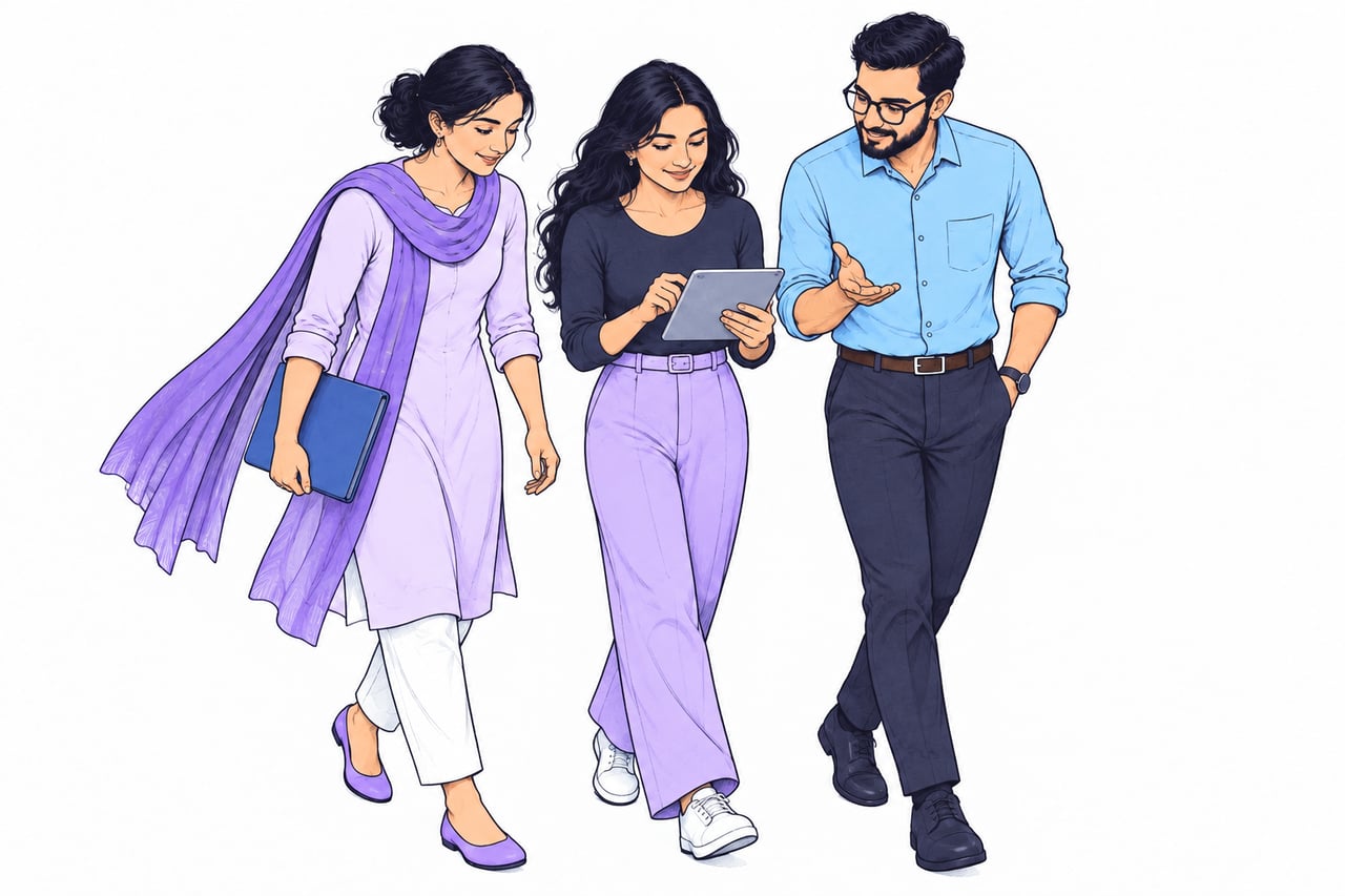 Illustration of colleagues walking together while discussing technical team needs.