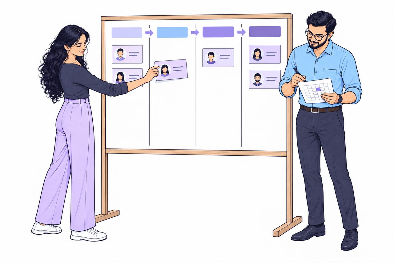 Illustration of colleagues coordinating recruitment stages and interview schedules.