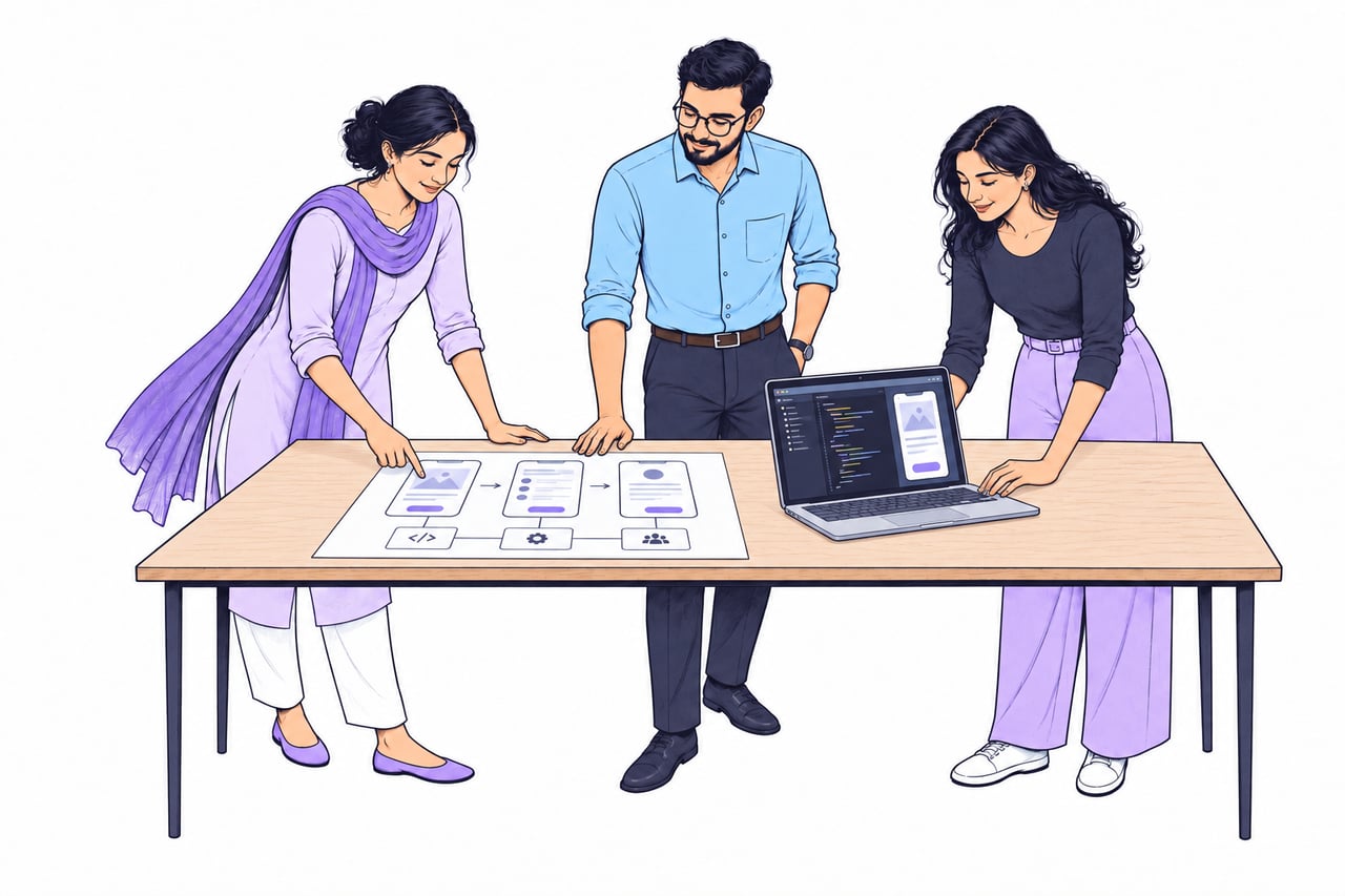 Illustration of three colleagues planning a technical team with a laptop and role diagrams.